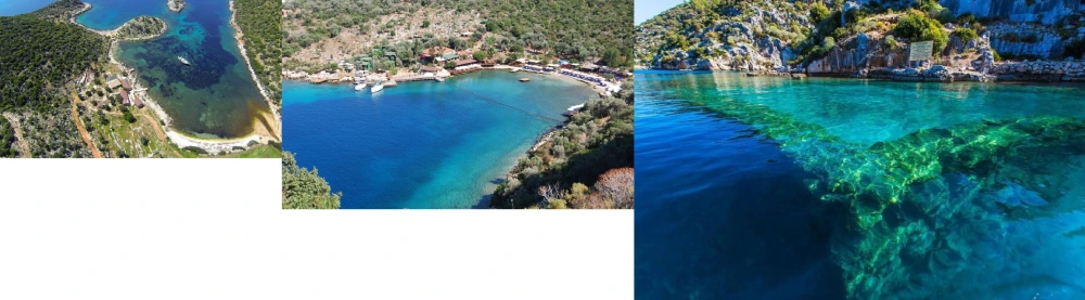 Kaş Limanağzı, Akvaryum Koyu ve Ufakdere koylarını gösteren tekne turu manzarası